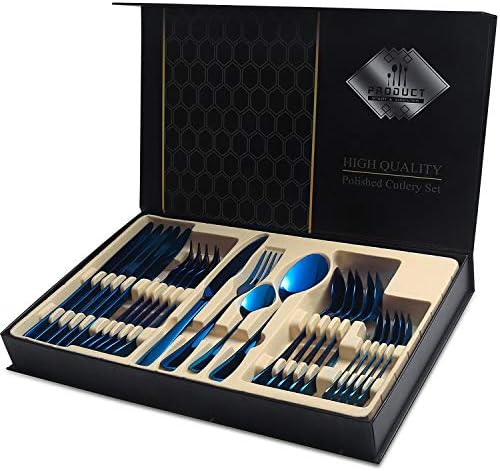 Blue Flatware Set, 24-Piece Mirror Finish Silverware Set Service for 6, Stainless Steel Cutlery Set with Gift Box