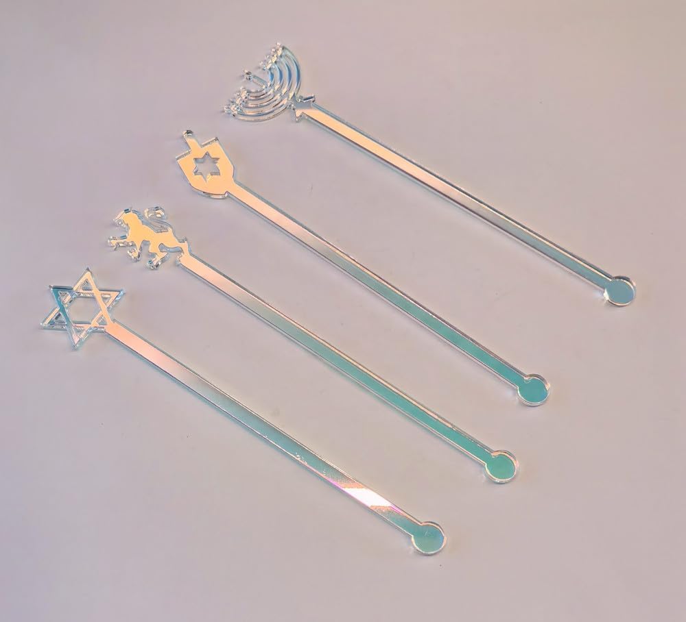 20pcs of Hanukkah Drink Stirrer,Swizzle Sticks Acrylic Star of David,Dreidel,Lion of Judah,Menorah Party Festival Table Decoration(Gold Mirror)