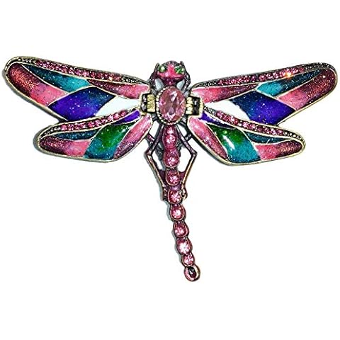 Welforth Jeweled Pink & Multi-Color Dragonfly Shaped Enamel Pewter Trinket Box Cover
