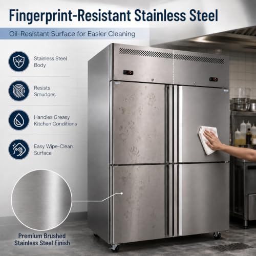 Image of InnerCalm 48 inchW 4 Door Commercial Refrigerator Freezer Combo | 32 Cu.Ft dual zone storage with 6 adjustable shelves, stainless steel body, lockable casters, door locks and auto defrost.