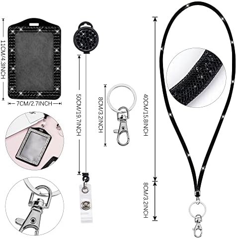 Badge Holder 2 Sets Bling ID Card Holder with Rhinestone Retractable Badge Diamond Reel Crystal Keychain Neck Lanyard Lobster Clasp Key Ring for Christmas Gift(Black,White)