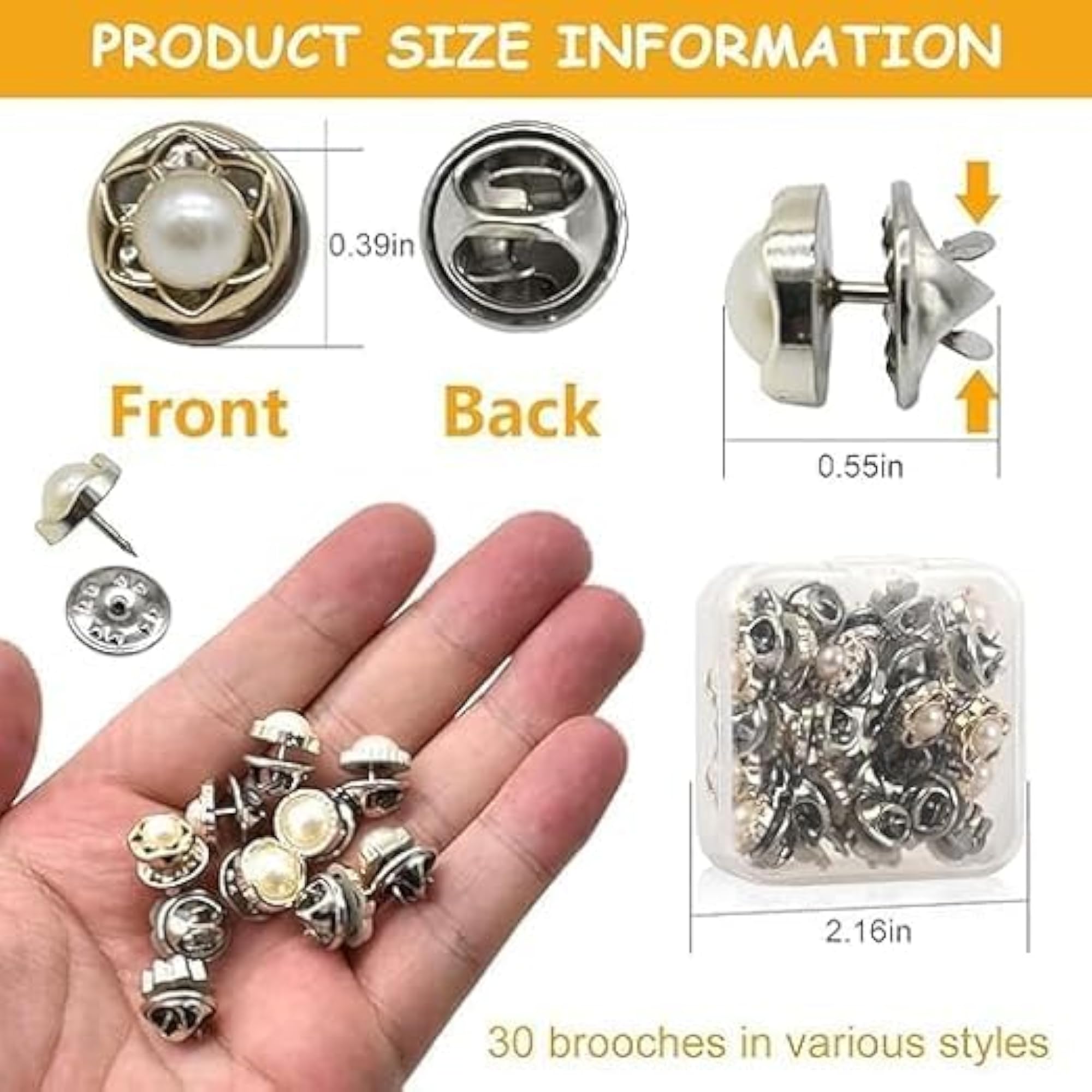 30 Pcs Pearl & Diamond Brooch Button Pins, Decorative Mini Brooches