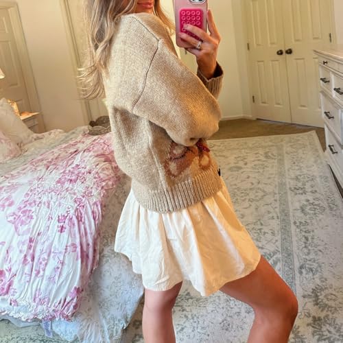 Women Button Down Cardigan Sweaters Cute Bow Bear Knitted Pattern Casual Fall Winter Cardigan Coats3