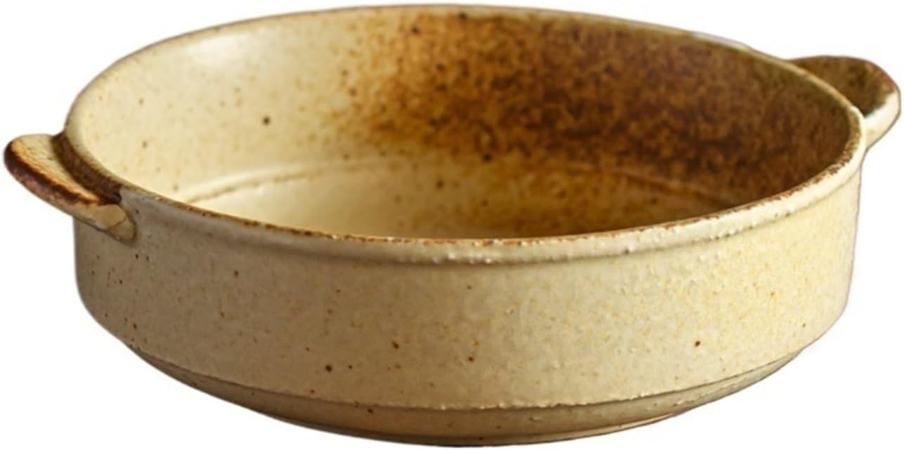 Baking Dish الخام السيراميك مزدوجة الأذن طبق صغير عميق الميكروويف الخبز لوحة الإفطار السلطانية فرن شكل طبق سلطة الفاكهة الشاي طبق تقديم الحلوى Lasagne Dish(Yellow)