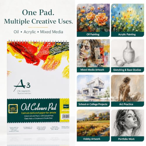 Image of ArtRight A3 Oil Painting Paper Pad - 230 GSM, 100% Cotton, Cold Pressed, 24 Sheets - Ideal for Oil, Acrylic & Mixed Media Art, Textured Acid-Free Art Paper for Artists