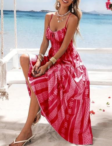 Image of Summer Tropical Boho Sundress for Women Beach Vacation,Casual Spaghetti Strap Smocked Flowy Maxi Sun Dresses Pink