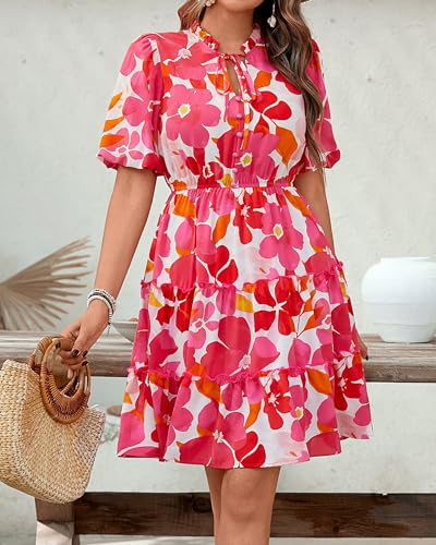 Image of BTFBM Women Summer Floral Short Dresses V Neck Short Sleeve Tiered Ruffle Boho Swing Dress A-Line Mini Dresses