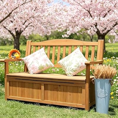 Jidanmian Outdoor Bench 2-Person Storage Bench Deck Box Solid Wood Weatherproof Garden Seating with 770 Lbs Weight Capacity for Balcony Porch & Park(C)