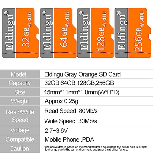 Cartão de Memória Micro SD 256GB Com Adapter, C10, U3, A1 TF Card até 80Mb/s Elidngu laranja cinza 1