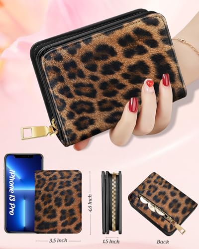 Image of Bistup Leather 12 Slot Accordion Card Holder Wallet, Brown Leopard | Accordion Storage, Zipper Around Closure, Compact Patterned Wallet for IDs, Cards, Cash, Daily Carry and Gifts