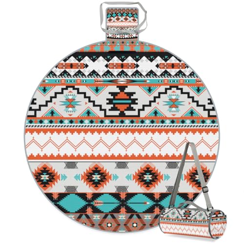 Shimoshe Aztec Geometric Patterns Picnic Outdoor Blanket Foldable Waterproof Sandproof Beach Blanket Portable Water-Resistant Round Picnic Mat for Travel Camping Park Lawn