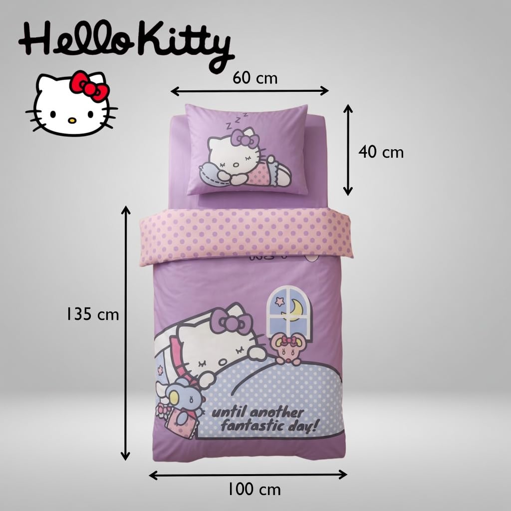 Hello Kitty Copripiumino Neonato 100x135 + Federa 40x60 Cotone Viola Rosa | Lettino reversibile | Cotone naturale morbido traspirante Oeko-Tex | Sanrio | Bambine 0-3 anni | Lettino sbarre | Idea regalo