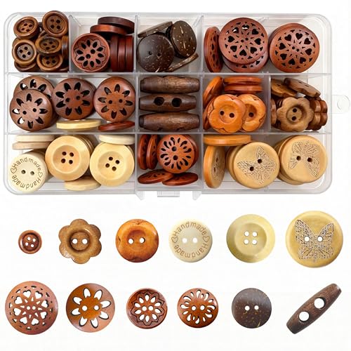 Assorted Wood Buttons for Sewing Crafts 125Pcs Handmade Mixed Sewing Wooden Buttons with Storage Box for Clothes Sewing Art DIY Craft