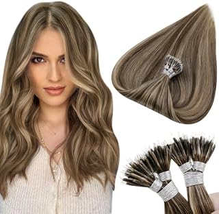 Hetto Brown Nano Ring Hair Extensions Real Human Hair Nano Hair Extensions Remy Hair Nano Tip Hair Extensions #4 Dark Brown Highlighted #27 Blonde Straight 50Strands 14Inch 50G
