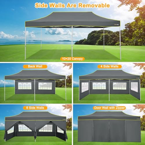 Image of HOTEEL 10x20 Heavy Duty Pop Up Canopy Tent with Sidewalls, Commercial Outdoor Canopy Tents for Parties Event Wedding with Roller Bag, Waterproof & UV 50+, Upgraded Thickened Hexagonal Legs, Gray