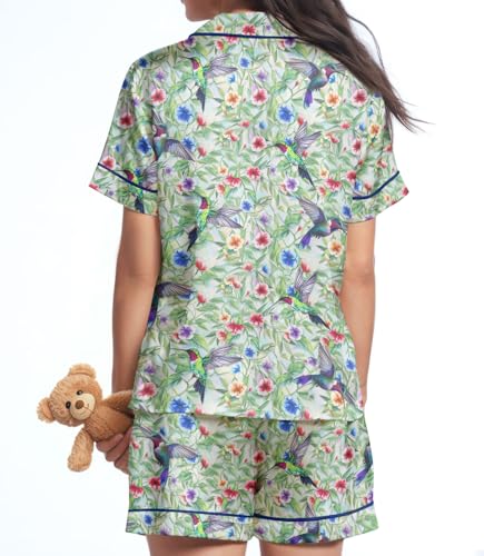 Image of HUNTFAMI Women Silky 2 Pcs Satin Pajama Set Long Sleeve Button Down | Satin pajama set; Short-sleeves in a coordinated 2-piece; funny printed; colourful style