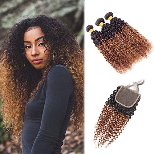 Omber Hair Virgin Hair Kinky Curly Brown 3 Bundles With 4x4 Closure T1B/30 Bundles Brazilian Hair 8A Grade Soft Brazilian Hair Extensions (14" 16" 18" & Closure 12")