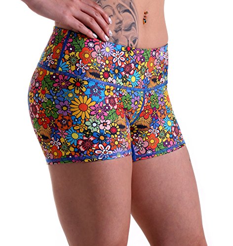 Tough Mode Shorts de compressão WOD feminino de 7,6 cm para treino atlético de vôlei, Flor hippie de