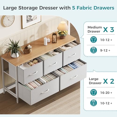 Image of OLIXIS 5 Drawer Dresser for Bedroom, Storage Organizer Unit for Closet | Chest of Drawers for Clothes Storage with Bins, Wide Fabric Bedroom Dresser, Wooden Top, Living Room, Light Grey