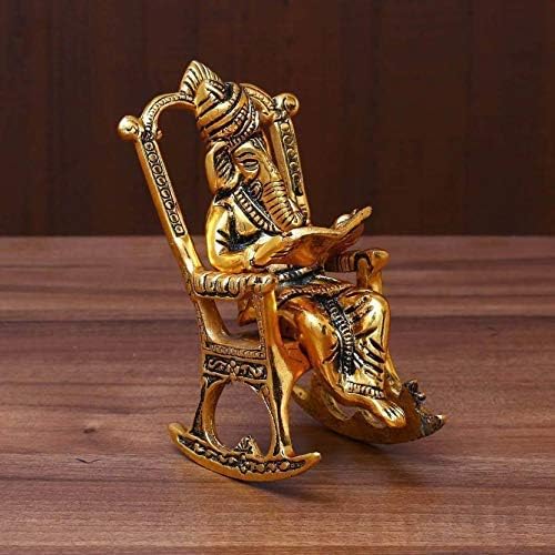 CASHWIN Golden Lord Ganesha Statue Sitting On A Chair and Reading Ramayan Figurine of Lord Ganesh Home Decorative Ganpati Statue feng Shui Gifts (Gold)
