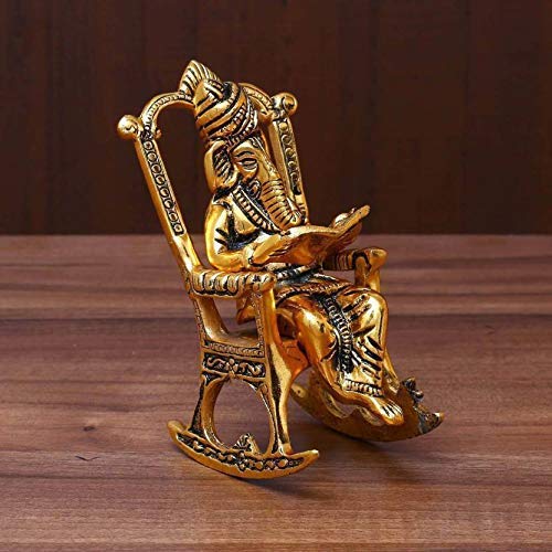 CASHWIN Golden Lord Ganesha Statue Sitting On A Chair and Reading Ramayan Figurine of Lord Ganesh Home Decorative Ganpati Statue feng Shui Gifts (Gold)
