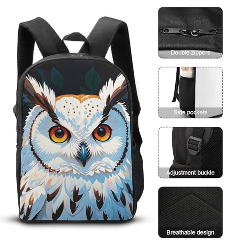 Backpack for Women Men White Owl Themed Animal Rucksack 17 In Laptop Backpack Computer Bag Travel Casual Dayback3
