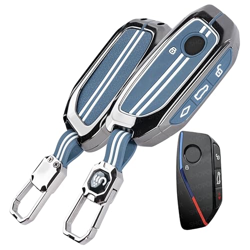Image of SHOPOFLUX Metal Key Cover Compatible for BMW 7 Series 740i 760i X1 X7 XM IX I7 X5 X3 Smart Key 4 Button (Metal Silicone Blue)