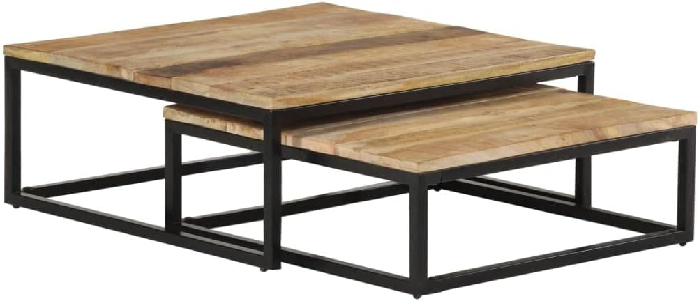 vidaXL Handmade Nesting Coffee Tables Set of 2, Solid Mango Wood, Natural Finish, Sturdy Black Powder-Coated Iron Base, Space-Saving, Industrial Style.