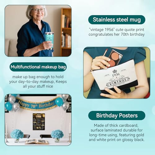 TrophyToast 70th Birthday Gifts for Women Her- 4 pcs, Turning 70 Year Old Gifts, Decorations Canvas Beach Tote Bag & Makeup Bag, Unique Happy 70th Present for Her Mom Wife Friends by TrophyToast - Used condition - Image 7