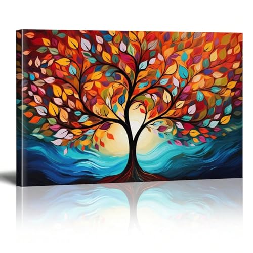 Arbre de vie toile art mural abstrait coloré peinture 50x70cm avec cadre pour salon