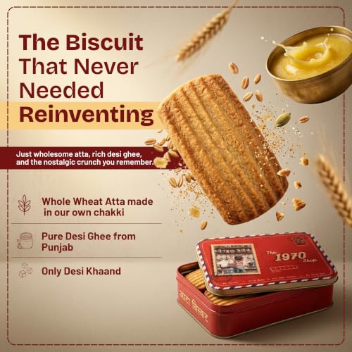 Image of The 1970 Shop 100% Atta Biscuit | Made in Desi Ghee | 0% Maida | No Preservatives | No Palm Oil | Authentic Indian Snack | Atta Biscuit For Healthy Tea Snacking | Premium Handmade Cookies | Eggless & Vegetarian | 200g | Pack Of 6