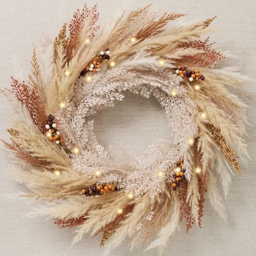 DecorbyHannah Fall Wreaths for Front Door, 24 Inch Collapsible Pre-lit Artificial Faux Pampass Grass Fall Door Wreaths for Outside Porch, Boho Neutral Wall Door Decorations for Home Outdoor Indoor