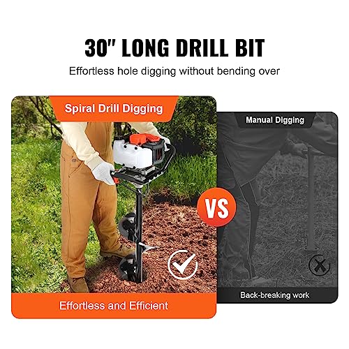 Image of VEVOR Post Hole Digger,52cc 1450W Auger Digger,Gas Powered Earth Digger with Two Drill Bit 6''& 10''and 3 Extension Rods,for Farmland,Garden and Plant,EPA Certification,Black+Orange+White