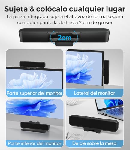Plyee Audio Altavoces Computadora de Escritorio, Barra de Sonido Estéreo con Clip para Monitor, Graves Profundos, Plug and Play, Tipo‑C y USB‑A Integrados - imagen 3