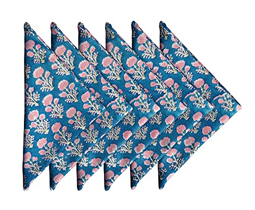 Cotton Print Napkins 18x18 inches - Washable Cloth Dinner Napkins Set of 6 - Everyday Use or Dinner Party & Events - Teal Blue Indian Block Printed Soft Fabric by Craftbot