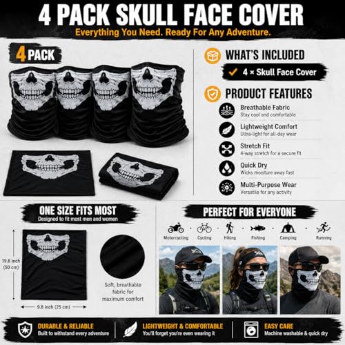 Image of Balaclava Skull Ghost Face Mask 4Pcs Neck Gaiter for Men Skeleton Motorcycle Gator Call of Duty Ghost for Outdoor Sports Black, Medium