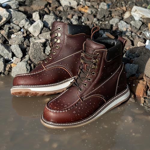 Image of Moc Toe Work Boots for Men Waterproof Soft /Steel Toe Comfortable Full Grain Leather Non Slip Wedge Outsole Construction 6 inch Workboots