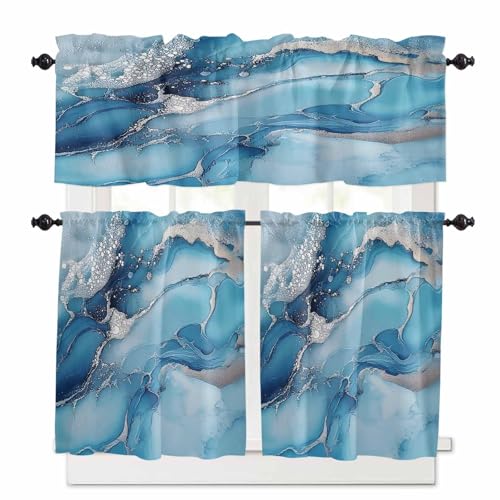 Blue Grey Marble Kitchen Curtains 36 Inch Length, 3 Piece Rod Pocket Small Half Tiers and Valance Set, Modern Geometric Textured Small Large Window Treatment Decor for Bedroom/Bathroom Sink