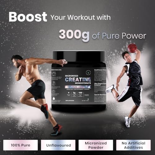 Image of CUREFOREVER Creatine Monohydrate Powder - Unflavoured, 100 Servings, Micronized Pre-Workout Supplement for Muscle Strength, Power, Size, Endurance & Faster Recovery - 300g Pack