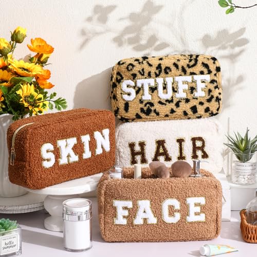 Paterr 4 Pcs Chenille Letter Preppy Patches Makeup Bag Plush Fuzzy Makeup Pouch Hair Skin Face Stuff Bag Large Cosmetic Purse Zipper Travel Toiletry Kit for Spring Gift(Brown Colors)2