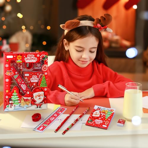Ctosree 6 Set Christmas Stationery Set for Kids Includes Pencil Pencil Sharpener Eraser Ruler Mini Notebook, Xmas Party Themed Classroom Gift Exchange School Games Prizes Carnival Events - Image 7