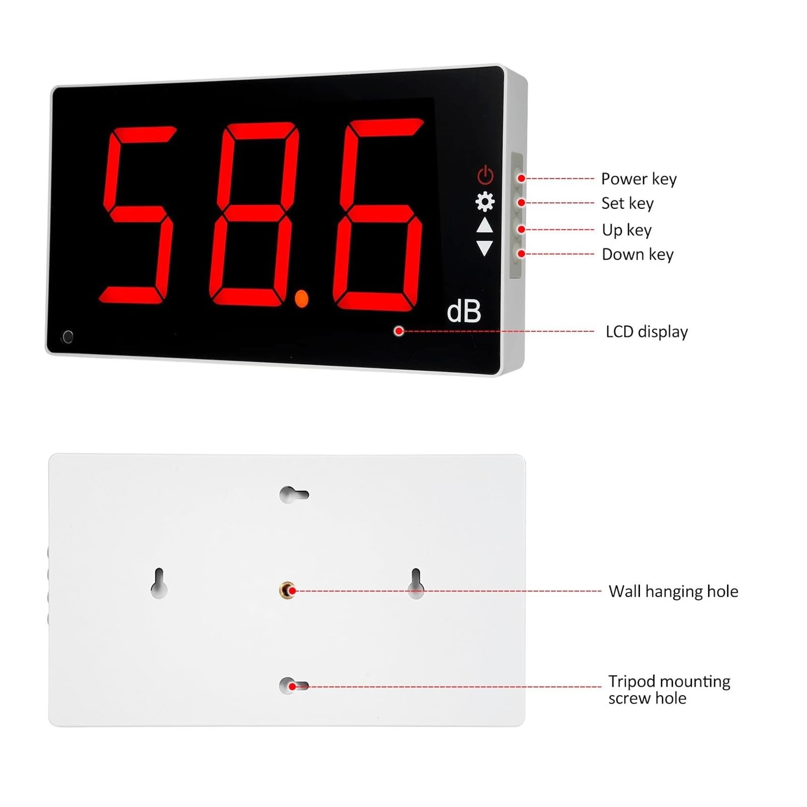 Medidor de Decibelios, Medidor de nivel sonido digital con pantalla LCD grande 3 pulgadas, rango 30 a 130 dB, medidor ruido decibelios for montaje en pared