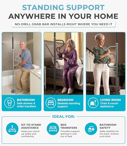 Image of Stander Wonder Pole Plus with Rotating Double Grab Bar, Tension Mounted Security Pole for Seniors & Elderly Adults, No-Drill Floor to Ceiling Transfer Pole for Home & Bath Safety, Graphite