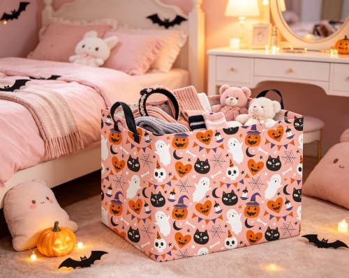Image of Rectangular Halloween Basket for Boys and Girls Kids Trick or Treat Pumpkin Basket for Halloween Parties Cute Storage Bin Organizer Box Room Decor(Pink Heart Halloween)