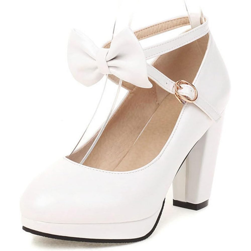 Scarpe da donna Mary Jane con tacco grosso e grosso con plateau e cinturino alla caviglia incrociato con fiocco Punta tonda chiusa Tacco alto Comode scarpe da abito da sposa ginocchio/A/34EU