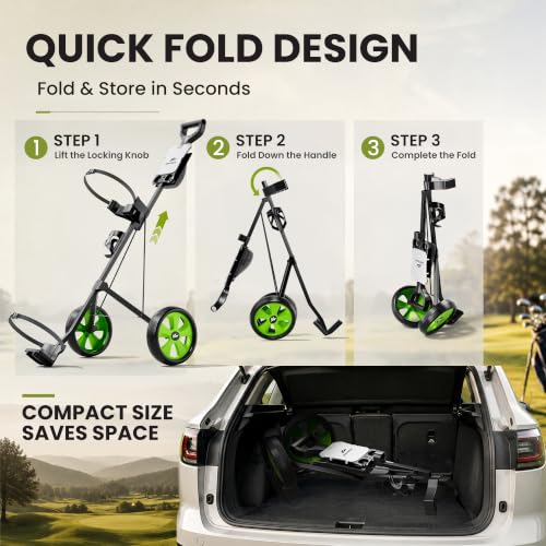 Image of 2-Wheel Golf Pull Cart - Lightweight Foldable Golf Push Cart with Durable Steel Frame, Adjustable Web Straps, Compact Design for Walking Golfers