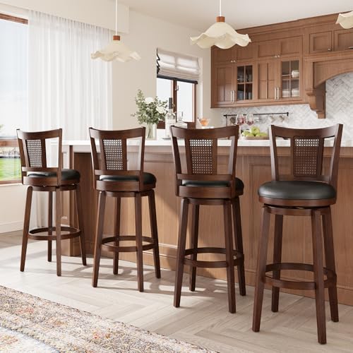 ALPHA HOME Swivel Bar Stools with Backs, 30 Inch Bar Stools Set of 4, Wooden Bar Stools, 360 Degrees Swivel Chairs with Upholstered, Wrap-Around Footrest for Pub, Kitchen, Dark Walnut/Black