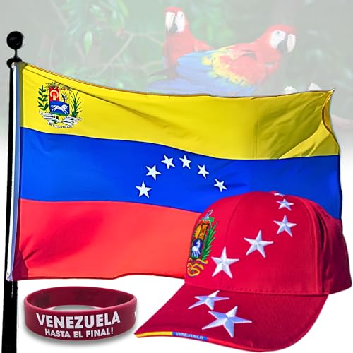 Set de 3 Productos Venezolanos: Bandera de Venezuela 7 Estrellas, Gorra Vinotinto 7 Estrellas y Pulsera de Venezuela - Incluye Postal y Tula Reutilizable Gratis, Ideal para Aficionados de La Vinotinto