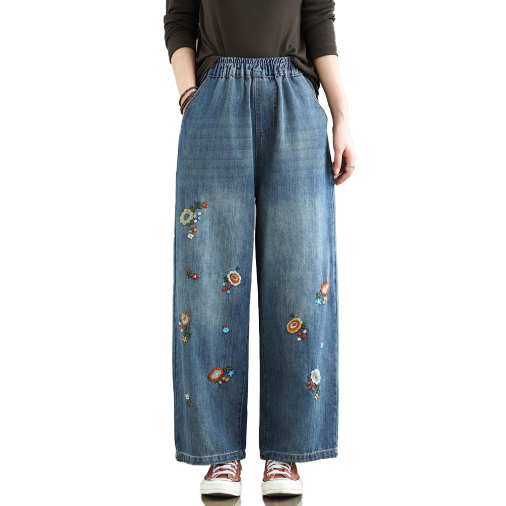 Women Embroidered Cotton High Waist Wide-Leg Trousers Female Loose Pants