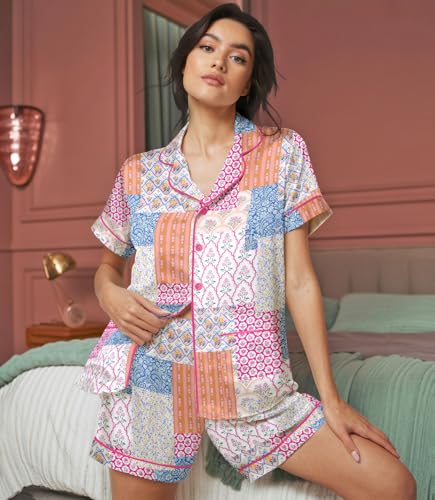 Image of HUNTFAMI Women Silky 2 Pcs Satin Pajama Set Long Sleeve Button Down | Satin pajama set; Short-sleeves in a coordinated 2-piece; funny printed; colourful style